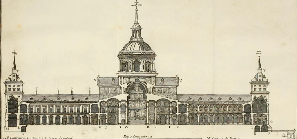 An illustration from Descripcion del real monasterio de San Lorenzo del Escorial : su magnifico templo, panteon, y palacio : compendiada de la descripcion antigua, y exornada con nuevas vistosas láminas de su planta y montéa : aumentada con la noticia de varias grandezas y alhajas con que han ilustrado los católicos reyes aquel maravilloso edificio, y coronada con un tratado apendice de los insignes profesores de las bellas artes estatuaria, arquitectura, y pintura, que concurrieron á su fundacion, y despues le han enriquecido con sus obras, 1764, leaf 251