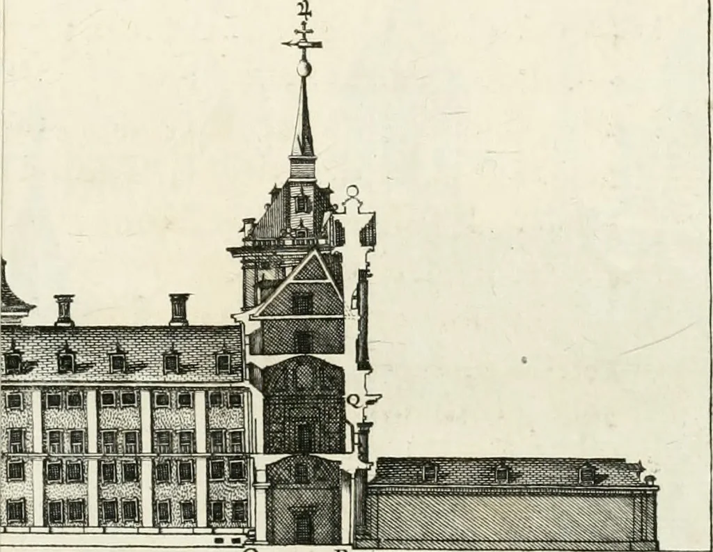 An illustration from Descripcion del real monasterio de San Lorenzo del Escorial : su magnifico templo, panteon, y palacio : compendiada de la descripcion antigua, y exornada con nuevas vistosas láminas de su planta y montéa : aumentada con la noticia de varias grandezas y alhajas con que han ilustrado los católicos reyes aquel maravilloso edificio, y coronada con un tratado apendice de los insignes profesores de las bellas artes estatuaria, arquitectura, y pintura, que concurrieron á su fundacion, y despues le han enriquecido con sus obras, 1764, leaf 260