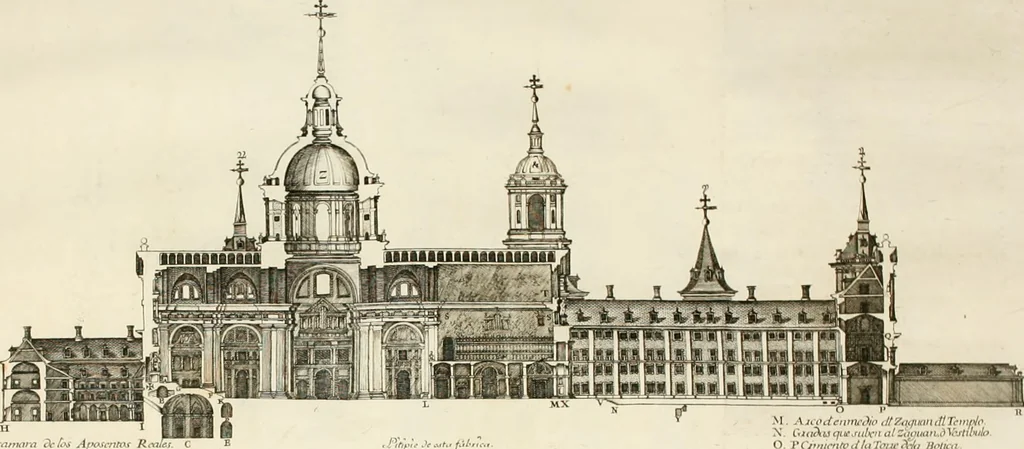 An illustration from Descripcion del real monasterio de San Lorenzo del Escorial : su magnifico templo, panteon, y palacio : compendiada de la descripcion antigua, y exornada con nuevas vistosas láminas de su planta y montéa : aumentada con la noticia de varias grandezas y alhajas con que han ilustrado los católicos reyes aquel maravilloso edificio, y coronada con un tratado apendice de los insignes profesores de las bellas artes estatuaria, arquitectura, y pintura, que concurrieron á su fundacion, y despues le han enriquecido con sus obras, 1764, leaf 261
