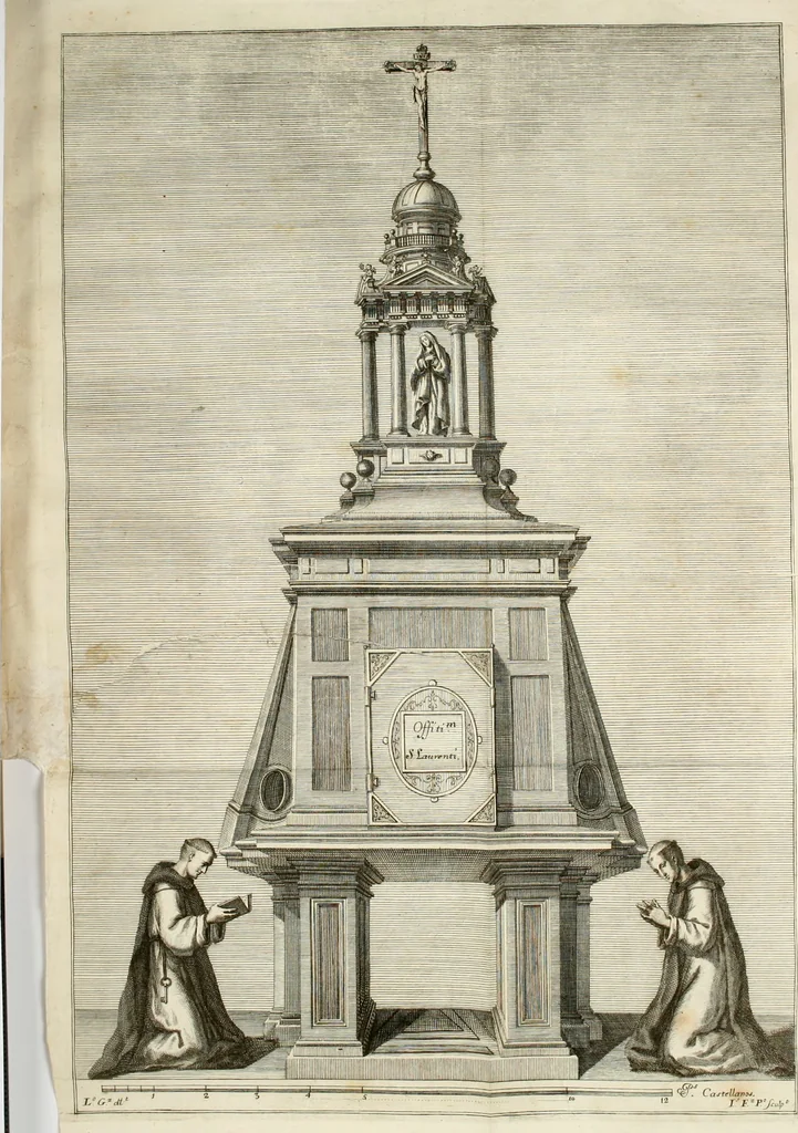An illustration from Descripcion del real monasterio de San Lorenzo del Escorial : su magnifico templo, panteon, y palacio : compendiada de la descripcion antigua, y exornada con nuevas vistosas láminas de su planta y montéa : aumentada con la noticia de varias grandezas y alhajas con que han ilustrado los católicos reyes aquel maravilloso edificio, y coronada con un tratado apendice de los insignes profesores de las bellas artes estatuaria, arquitectura, y pintura, que concurrieron á su fundacion, y despues le han enriquecido con sus obras, 1764, leaf 267