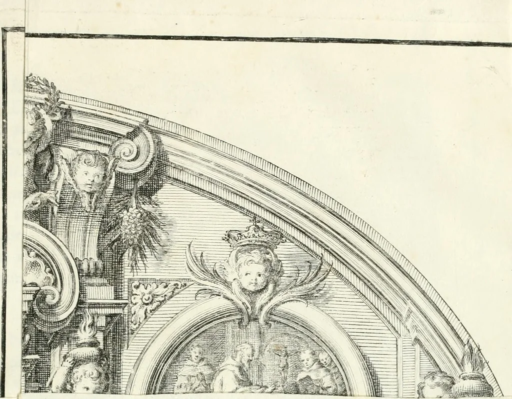 An illustration from Descripcion del real monasterio de San Lorenzo del Escorial : su magnifico templo, panteon, y palacio : compendiada de la descripcion antigua, y exornada con nuevas vistosas láminas de su planta y montéa : aumentada con la noticia de varias grandezas y alhajas con que han ilustrado los católicos reyes aquel maravilloso edificio, y coronada con un tratado apendice de los insignes profesores de las bellas artes estatuaria, arquitectura, y pintura, que concurrieron á su fundacion, y despues le han enriquecido con sus obras, 1764, leaf 338