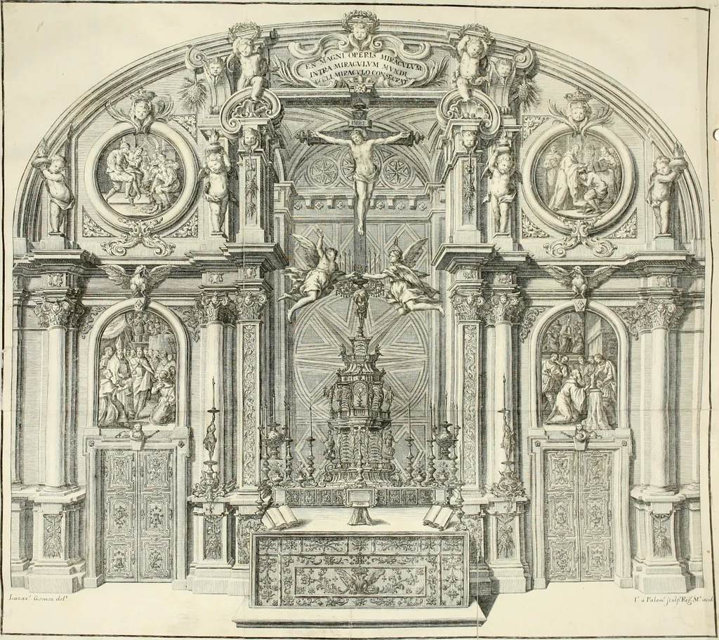 An illustration from Descripcion del real monasterio de San Lorenzo del Escorial : su magnifico templo, panteon, y palacio : compendiada de la descripcion antigua, y exornada con nuevas vistosas láminas de su planta y montéa : aumentada con la noticia de varias grandezas y alhajas con que han ilustrado los católicos reyes aquel maravilloso edificio, y coronada con un tratado apendice de los insignes profesores de las bellas artes estatuaria, arquitectura, y pintura, que concurrieron á su fundacion, y despues le han enriquecido con sus obras, 1764, leaf 339
