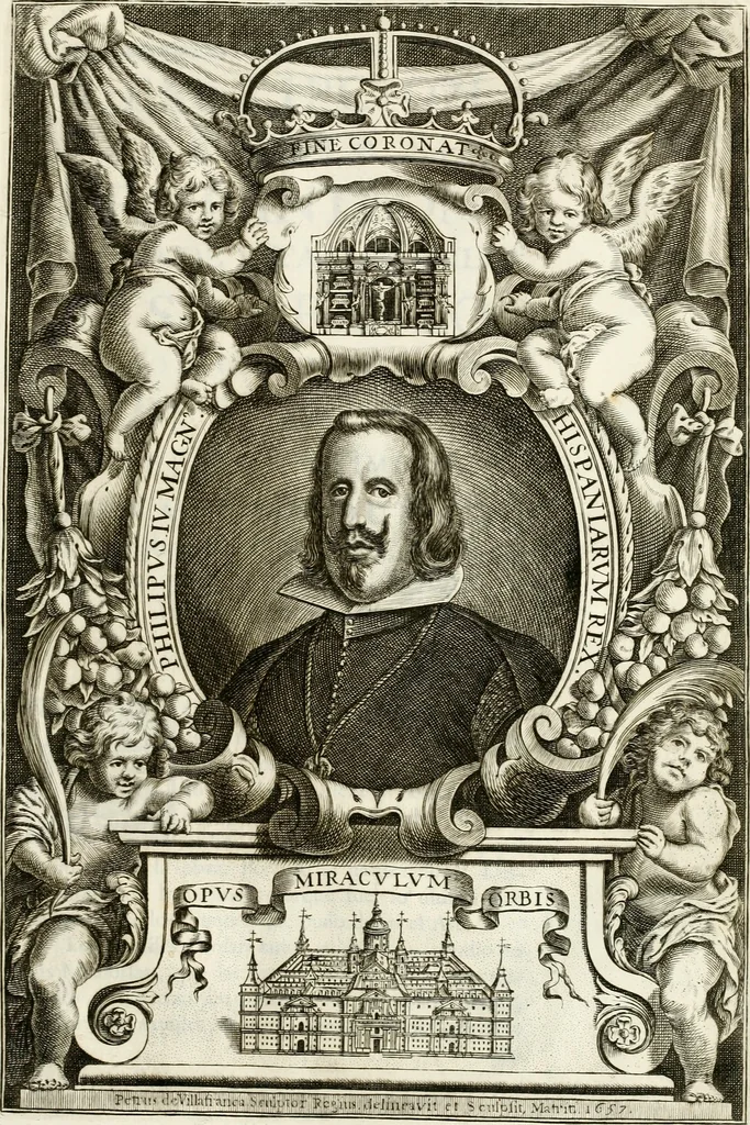 An illustration from Descripcion del real monasterio de San Lorenzo del Escorial : su magnifico templo, panteon, y palacio : compendiada de la descripcion antigua, y exornada con nuevas vistosas láminas de su planta y montéa : aumentada con la noticia de varias grandezas y alhajas con que han ilustrado los católicos reyes aquel maravilloso edificio, y coronada con un tratado apendice de los insignes profesores de las bellas artes estatuaria, arquitectura, y pintura, que concurrieron á su fundacion, y despues le han enriquecido con sus obras, 1764, leaf 362
