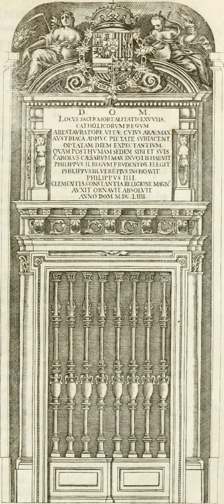 An illustration from Descripcion del real monasterio de San Lorenzo del Escorial : su magnifico templo, panteon, y palacio : compendiada de la descripcion antigua, y exornada con nuevas vistosas láminas de su planta y montéa : aumentada con la noticia de varias grandezas y alhajas con que han ilustrado los católicos reyes aquel maravilloso edificio, y coronada con un tratado apendice de los insignes profesores de las bellas artes estatuaria, arquitectura, y pintura, que concurrieron á su fundacion, y despues le han enriquecido con sus obras, 1764, leaf 376