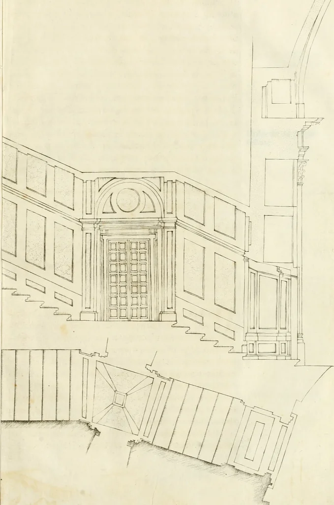 An illustration from Descripcion del real monasterio de San Lorenzo del Escorial : su magnifico templo, panteon, y palacio : compendiada de la descripcion antigua, y exornada con nuevas vistosas láminas de su planta y montéa : aumentada con la noticia de varias grandezas y alhajas con que han ilustrado los católicos reyes aquel maravilloso edificio, y coronada con un tratado apendice de los insignes profesores de las bellas artes estatuaria, arquitectura, y pintura, que concurrieron á su fundacion, y despues le han enriquecido con sus obras, 1764, leaf 382