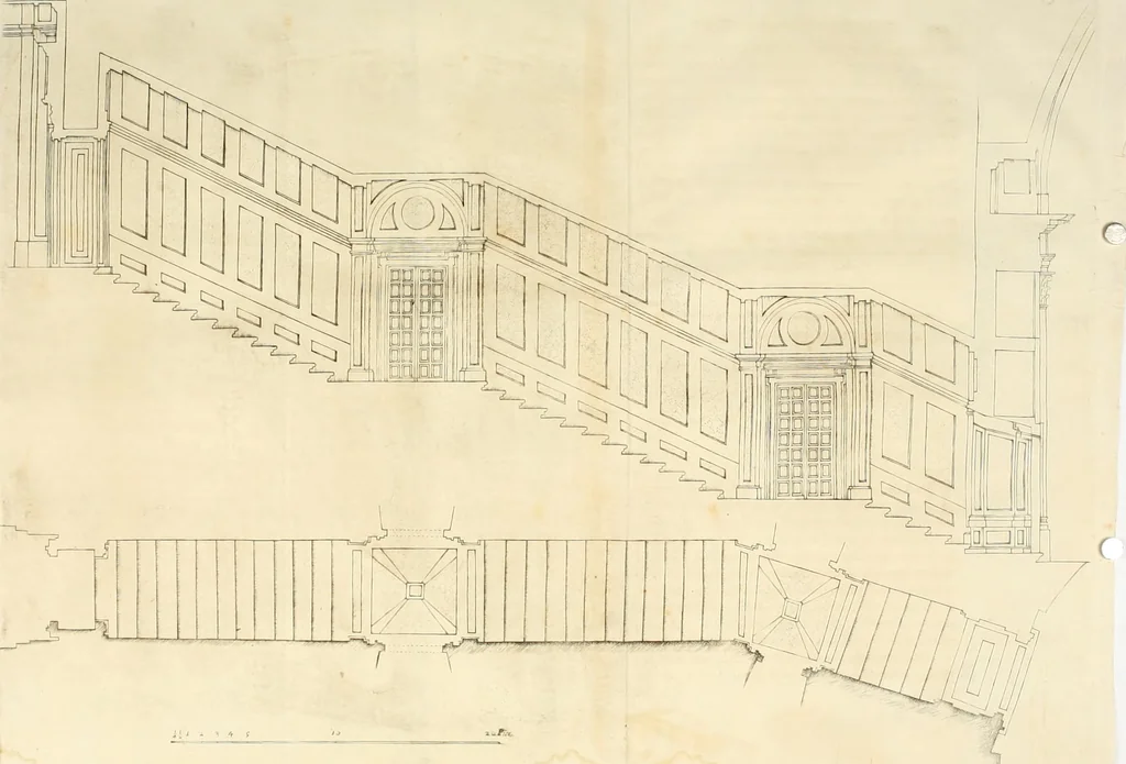 An illustration from Descripcion del real monasterio de San Lorenzo del Escorial : su magnifico templo, panteon, y palacio : compendiada de la descripcion antigua, y exornada con nuevas vistosas láminas de su planta y montéa : aumentada con la noticia de varias grandezas y alhajas con que han ilustrado los católicos reyes aquel maravilloso edificio, y coronada con un tratado apendice de los insignes profesores de las bellas artes estatuaria, arquitectura, y pintura, que concurrieron á su fundacion, y despues le han enriquecido con sus obras, 1764, leaf 383