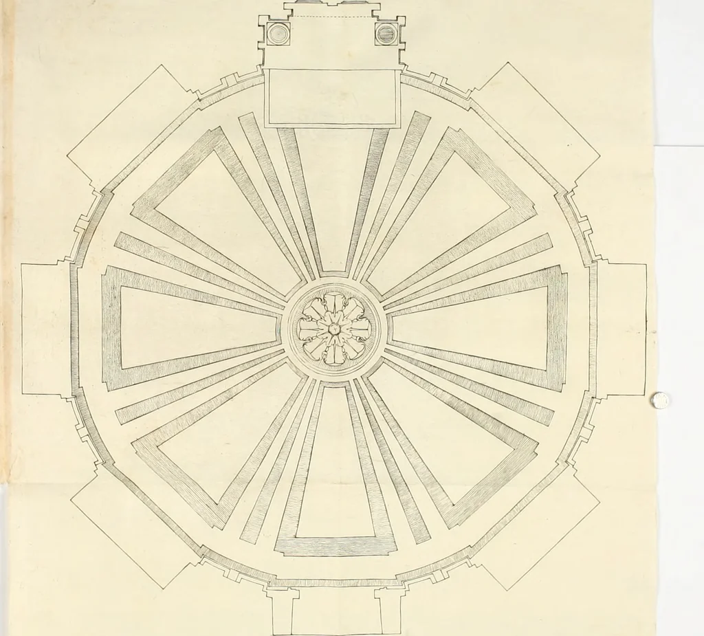 An illustration from Descripcion del real monasterio de San Lorenzo del Escorial : su magnifico templo, panteon, y palacio : compendiada de la descripcion antigua, y exornada con nuevas vistosas láminas de su planta y montéa : aumentada con la noticia de varias grandezas y alhajas con que han ilustrado los católicos reyes aquel maravilloso edificio, y coronada con un tratado apendice de los insignes profesores de las bellas artes estatuaria, arquitectura, y pintura, que concurrieron á su fundacion, y despues le han enriquecido con sus obras, 1764, leaf 387