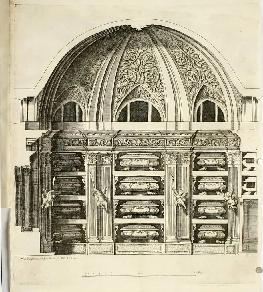 An illustration from Descripcion del real monasterio de San Lorenzo del Escorial : su magnifico templo, panteon, y palacio : compendiada de la descripcion antigua, y exornada con nuevas vistosas láminas de su planta y montéa : aumentada con la noticia de varias grandezas y alhajas con que han ilustrado los católicos reyes aquel maravilloso edificio, y coronada con un tratado apendice de los insignes profesores de las bellas artes estatuaria, arquitectura, y pintura, que concurrieron á su fundacion, y despues le han enriquecido con sus obras, 1764, leaf 395
