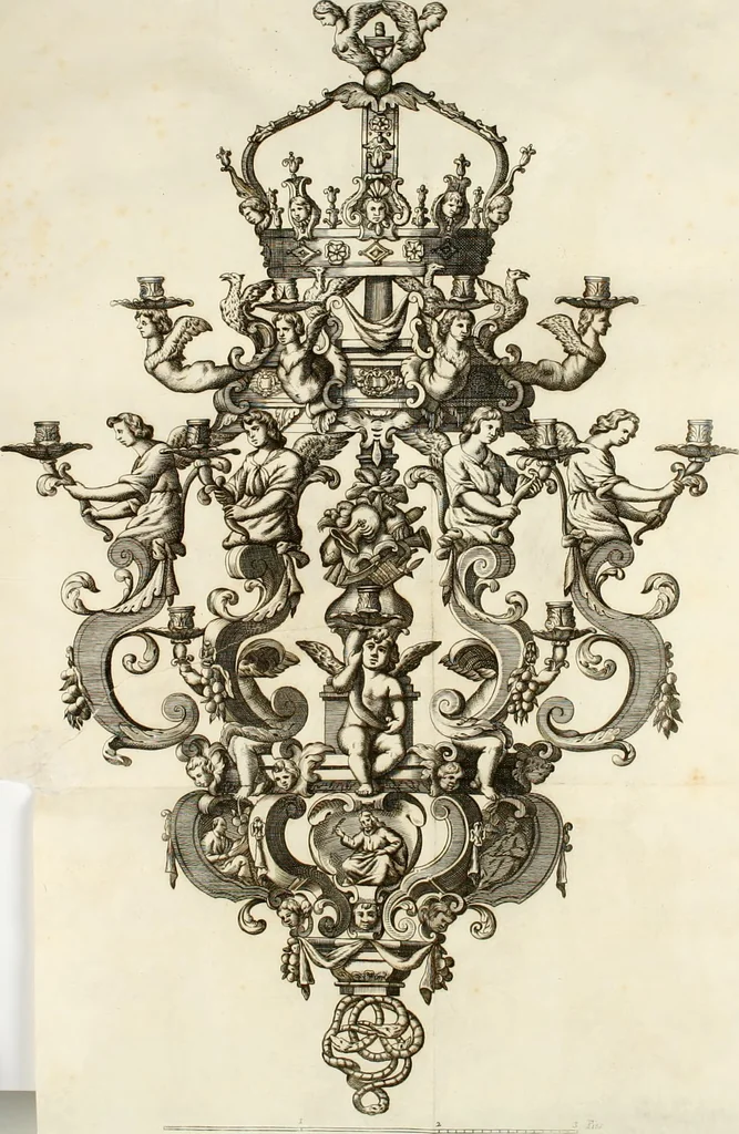An illustration from Descripcion del real monasterio de San Lorenzo del Escorial : su magnifico templo, panteon, y palacio : compendiada de la descripcion antigua, y exornada con nuevas vistosas láminas de su planta y montéa : aumentada con la noticia de varias grandezas y alhajas con que han ilustrado los católicos reyes aquel maravilloso edificio, y coronada con un tratado apendice de los insignes profesores de las bellas artes estatuaria, arquitectura, y pintura, que concurrieron á su fundacion, y despues le han enriquecido con sus obras, 1764, leaf 403