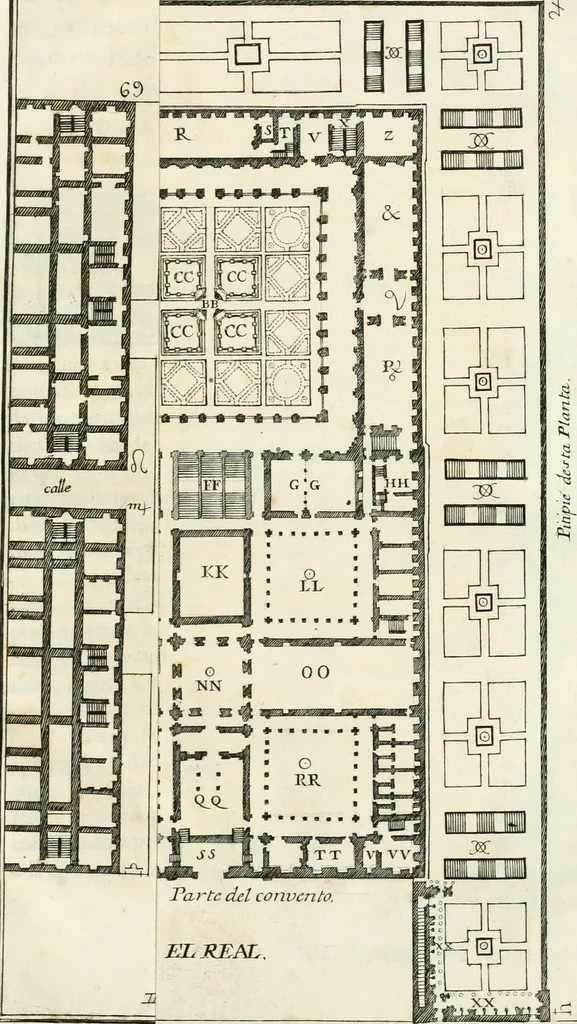 An illustration from Descripcion del real monasterio de San Lorenzo del Escorial : su magnifico templo, panteon, y palacio : compendiada de la descripcion antigua, y exornada con nuevas vistosas láminas de su planta y montéa : aumentada con la noticia de varias grandezas y alhajas con que han ilustrado los católicos reyes aquel maravilloso edificio, y coronada con un tratado apendice de los insignes profesores de las bellas artes estatuaria, arquitectura, y pintura, que concurrieron á su fundacion, y despues le han enriquecido con sus obras, 1764, leaf 472