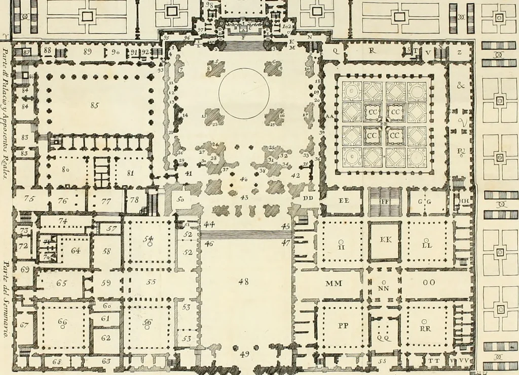 An illustration from Descripcion del real monasterio de San Lorenzo del Escorial : su magnifico templo, panteon, y palacio : compendiada de la descripcion antigua, y exornada con nuevas vistosas láminas de su planta y montéa : aumentada con la noticia de varias grandezas y alhajas con que han ilustrado los católicos reyes aquel maravilloso edificio, y coronada con un tratado apendice de los insignes profesores de las bellas artes estatuaria, arquitectura, y pintura, que concurrieron á su fundacion, y despues le han enriquecido con sus obras, 1764, leaf 473