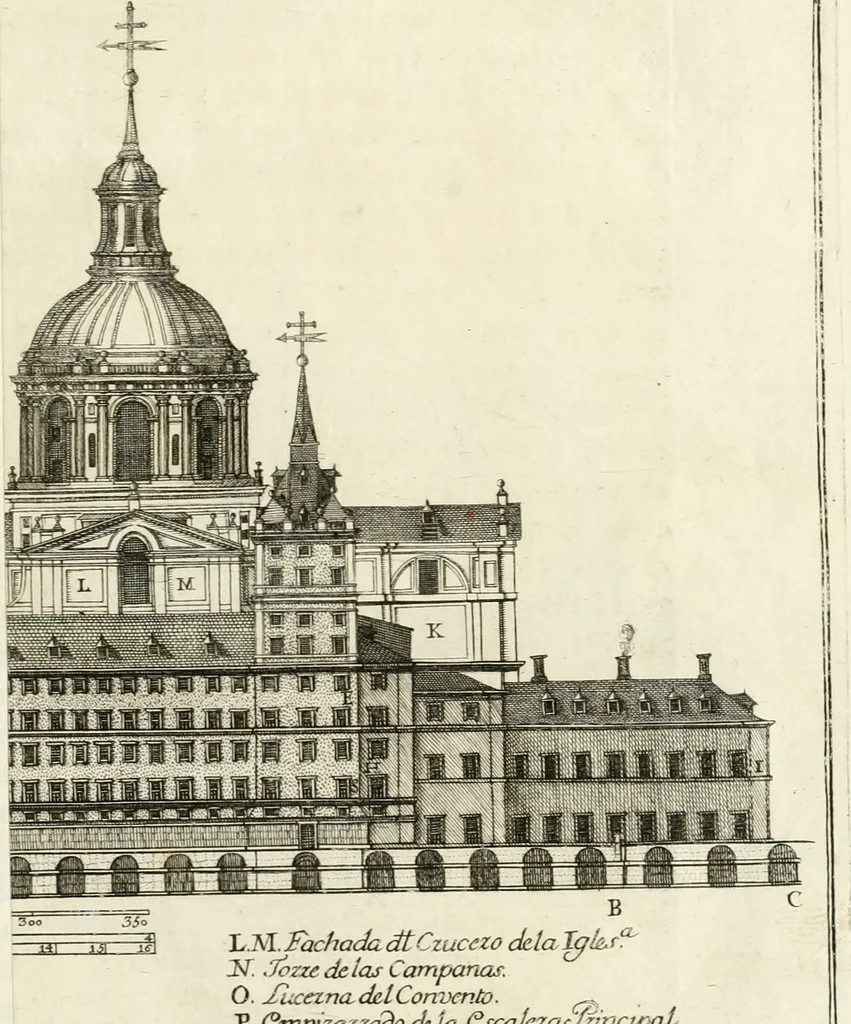 An illustration from Descripcion del real monasterio de San Lorenzo del Escorial : su magnifico templo, panteon, y palacio : compendiada de la descripcion antigua, y exornada con nuevas vistosas láminas de su planta y montéa : aumentada con la noticia de varias grandezas y alhajas con que han ilustrado los católicos reyes aquel maravilloso edificio, y coronada con un tratado apendice de los insignes profesores de las bellas artes estatuaria, arquitectura, y pintura, que concurrieron á su fundacion, y despues le han enriquecido con sus obras, 1764, leaf 48