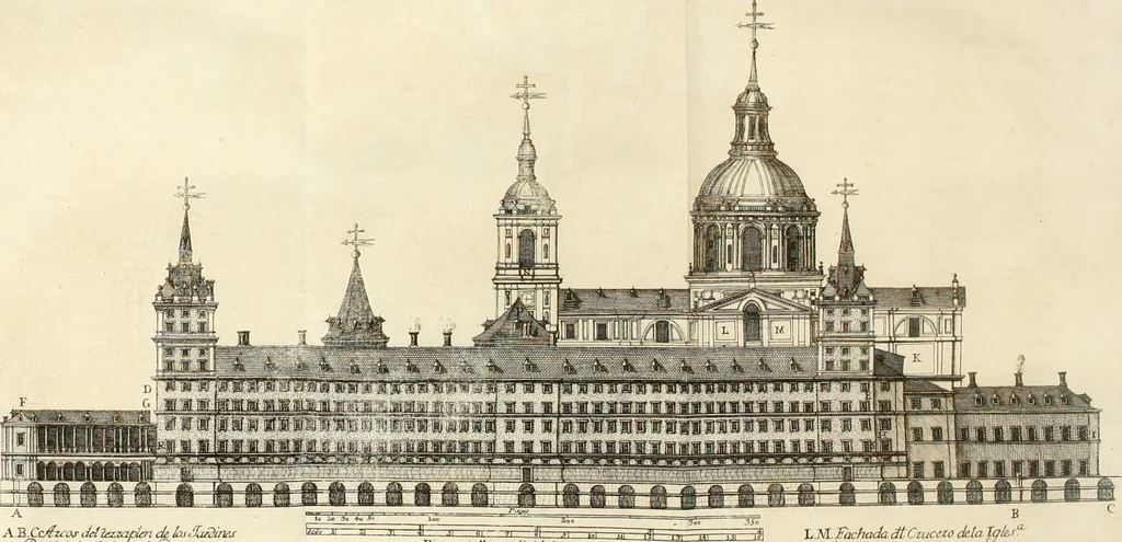 An illustration from Descripcion del real monasterio de San Lorenzo del Escorial : su magnifico templo, panteon, y palacio : compendiada de la descripcion antigua, y exornada con nuevas vistosas láminas de su planta y montéa : aumentada con la noticia de varias grandezas y alhajas con que han ilustrado los católicos reyes aquel maravilloso edificio, y coronada con un tratado apendice de los insignes profesores de las bellas artes estatuaria, arquitectura, y pintura, que concurrieron á su fundacion, y despues le han enriquecido con sus obras, 1764, leaf 49