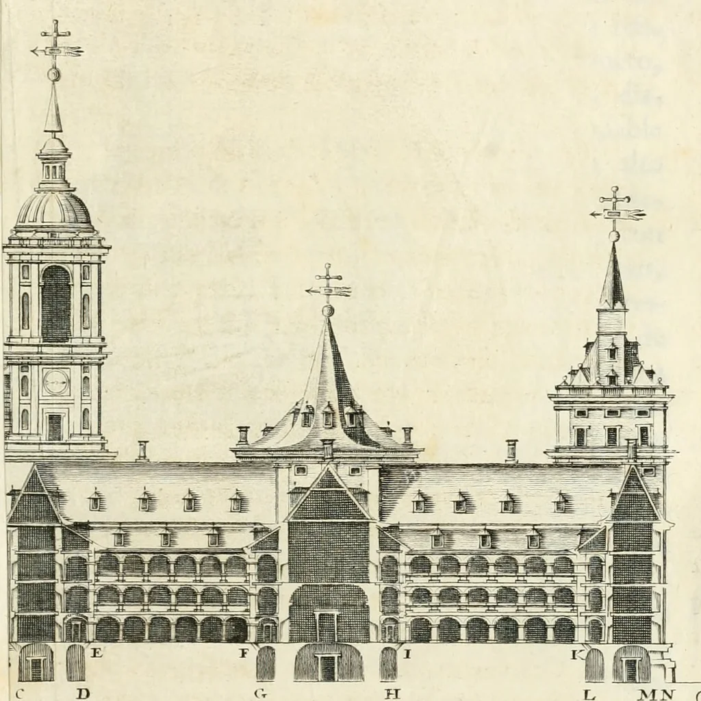 An illustration from Descripcion del real monasterio de San Lorenzo del Escorial : su magnifico templo, panteon, y palacio : compendiada de la descripcion antigua, y exornada con nuevas vistosas láminas de su planta y montéa : aumentada con la noticia de varias grandezas y alhajas con que han ilustrado los católicos reyes aquel maravilloso edificio, y coronada con un tratado apendice de los insignes profesores de las bellas artes estatuaria, arquitectura, y pintura, que concurrieron á su fundacion, y despues le han enriquecido con sus obras, 1764, leaf 58