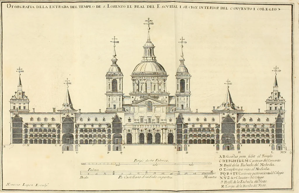 An illustration from Descripcion del real monasterio de San Lorenzo del Escorial : su magnifico templo, panteon, y palacio : compendiada de la descripcion antigua, y exornada con nuevas vistosas láminas de su planta y montéa : aumentada con la noticia de varias grandezas y alhajas con que han ilustrado los católicos reyes aquel maravilloso edificio, y coronada con un tratado apendice de los insignes profesores de las bellas artes estatuaria, arquitectura, y pintura, que concurrieron á su fundacion, y despues le han enriquecido con sus obras, 1764, leaf 59