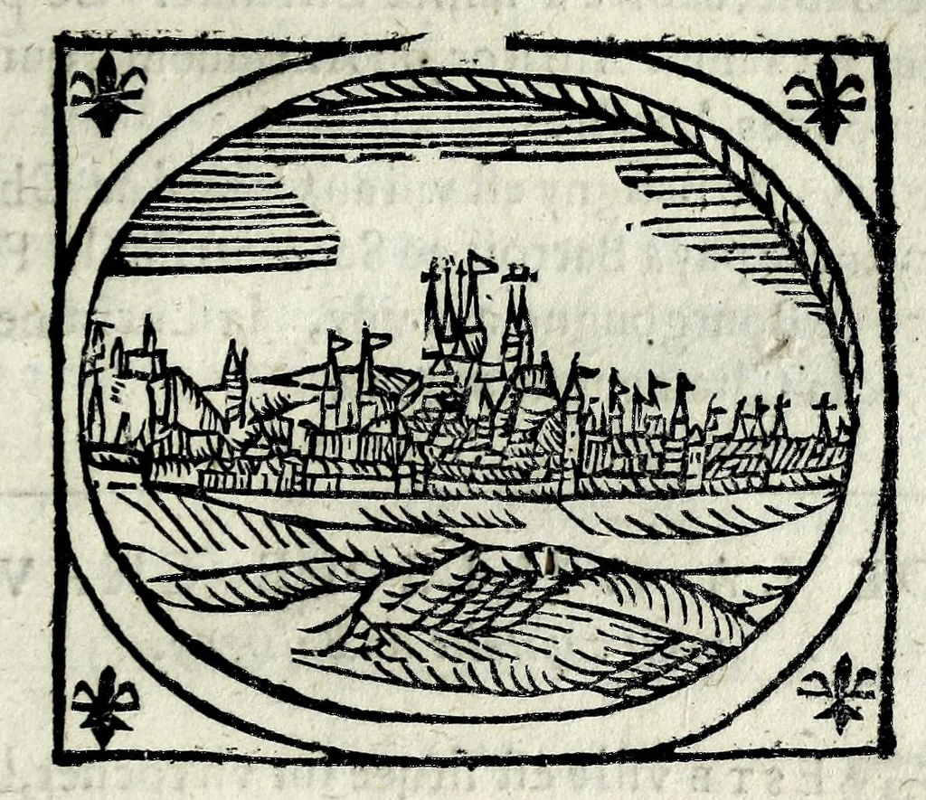 An illustration from Description contenant toutes les singularitez de plus celebres villes et places remarquables du royaume de France : avec les choses plus memorables aduenues en jceluy : reveu, corrige et auguemente du sommaire de l'estat, cartes des prouinces et de quelques portraitz des plus signalees uilles du dict royaume, 1610, leaf 109