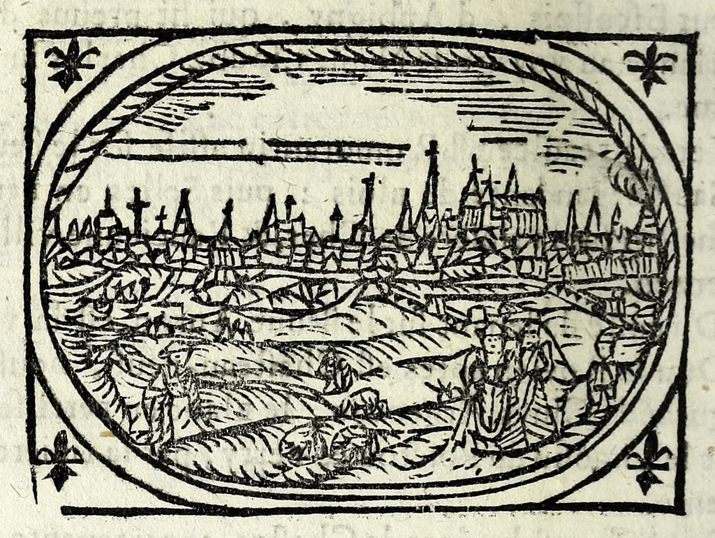 An illustration from Description contenant toutes les singularitez de plus celebres villes et places remarquables du royaume de France : avec les choses plus memorables aduenues en jceluy : reveu, corrige et auguemente du sommaire de l'estat, cartes des prouinces et de quelques portraitz des plus signalees uilles du dict royaume, 1610, leaf 150