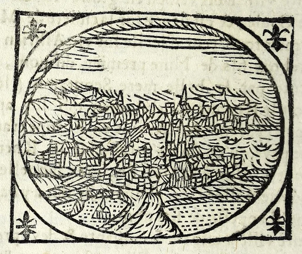 An illustration from Description contenant toutes les singularitez de plus celebres villes et places remarquables du royaume de France : avec les choses plus memorables aduenues en jceluy : reveu, corrige et auguemente du sommaire de l'estat, cartes des prouinces et de quelques portraitz des plus signalees uilles du dict royaume, 1610, leaf 286