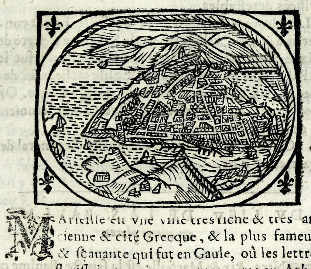 An illustration from Description contenant toutes les singularitez de plus celebres villes et places remarquables du royaume de France : avec les choses plus memorables aduenues en jceluy : reveu, corrige et auguemente du sommaire de l'estat, cartes des prouinces et de quelques portraitz des plus signalees uilles du dict royaume, 1610, leaf 321