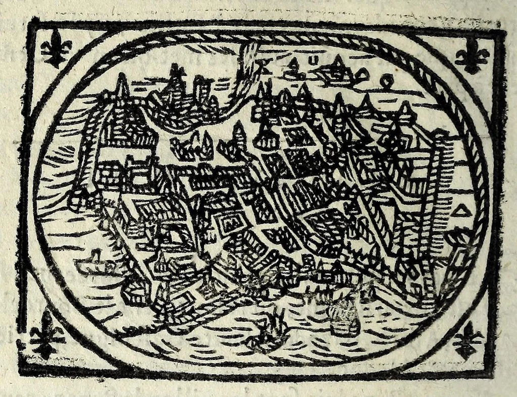 An illustration from Description contenant toutes les singularitez de plus celebres villes et places remarquables du royaume de France : avec les choses plus memorables aduenues en jceluy : reveu, corrige et auguemente du sommaire de l'estat, cartes des prouinces et de quelques portraitz des plus signalees uilles du dict royaume, 1610, leaf 350
