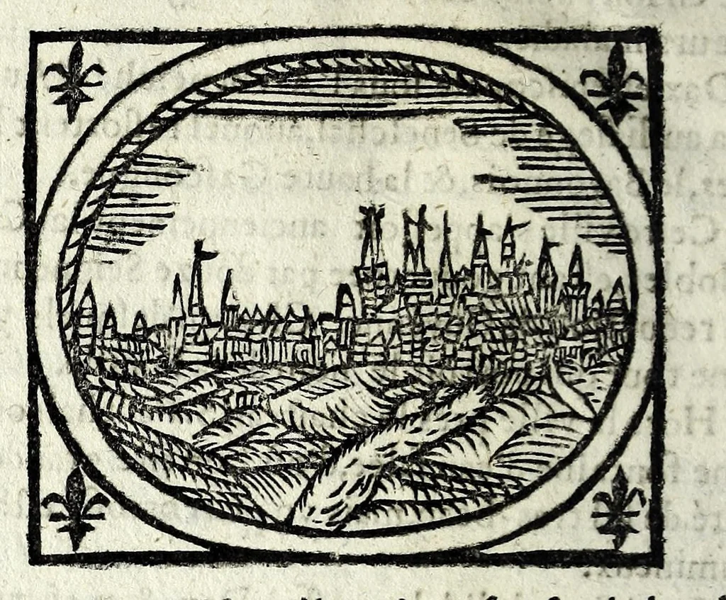 An illustration from Description contenant toutes les singularitez de plus celebres villes et places remarquables du royaume de France : avec les choses plus memorables aduenues en jceluy : reveu, corrige et auguemente du sommaire de l'estat, cartes des prouinces et de quelques portraitz des plus signalees uilles du dict royaume, 1610, leaf 354