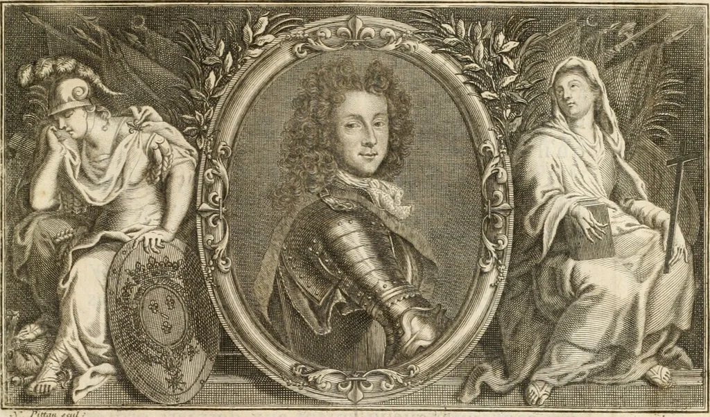 An illustration from Description de la pompe funebre faite dans l'eglise de Saint André des Arcs : a la memoire de tres haut, tres puissant, tres excellent prince François-Louis de Bourbon, Prince de Conty, Prince du Sang, Pair de France; avec des memoires historiques sur toute la vie de ce Prince : pour servir d'explication aux devises & aux peintures employées dans les ornements de la pomp representée icy en deux grandes planches en taille douce, 1709, leaf 10