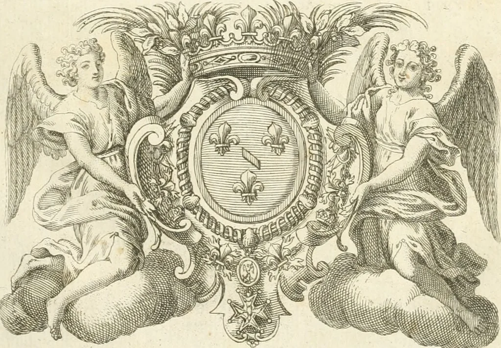 An illustration from Description de la pompe funebre faite dans l'eglise de Saint André des Arcs : a la memoire de tres haut, tres puissant, tres excellent prince François-Louis de Bourbon, Prince de Conty, Prince du Sang, Pair de France; avec des memoires historiques sur toute la vie de ce Prince : pour servir d'explication aux devises & aux peintures employées dans les ornements de la pomp representée icy en deux grandes planches en taille douce, 1709, leaf 6