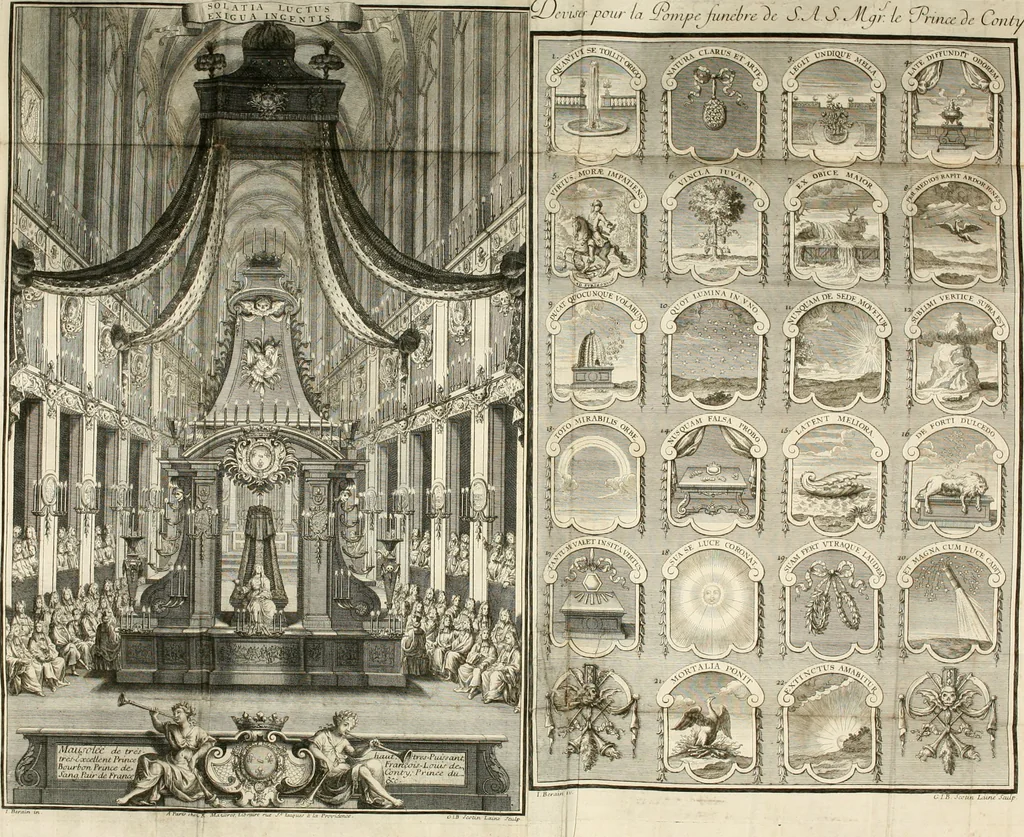 An illustration from Description de la pompe funebre faite dans l'eglise de Saint André des Arcs : a la memoire de tres haut, tres puissant, tres excellent prince François-Louis de Bourbon, Prince de Conty, Prince du Sang, Pair de France; avec des memoires historiques sur toute la vie de ce Prince : pour servir d'explication aux devises & aux peintures employées dans les ornements de la pomp representée icy en deux grandes planches en taille douce, 1709, leaf 9