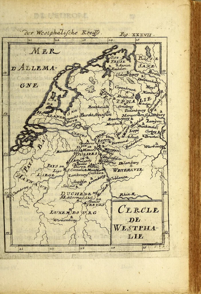 An illustration from Description de l'univers, : contenant les differents systemes du monde, les cartes generales & particulieres de la geographie ancienne & moderne : les plans & les profils des principales villes & des autres lieux plus considerables de la terre; avec les portraits des souverains qui y commandent, leurs blasons, titres & livrées : et les mœurs, religions, gouvernemens & divers habillemens de chaque nation. Dediée au roy., 1685, leaf 147