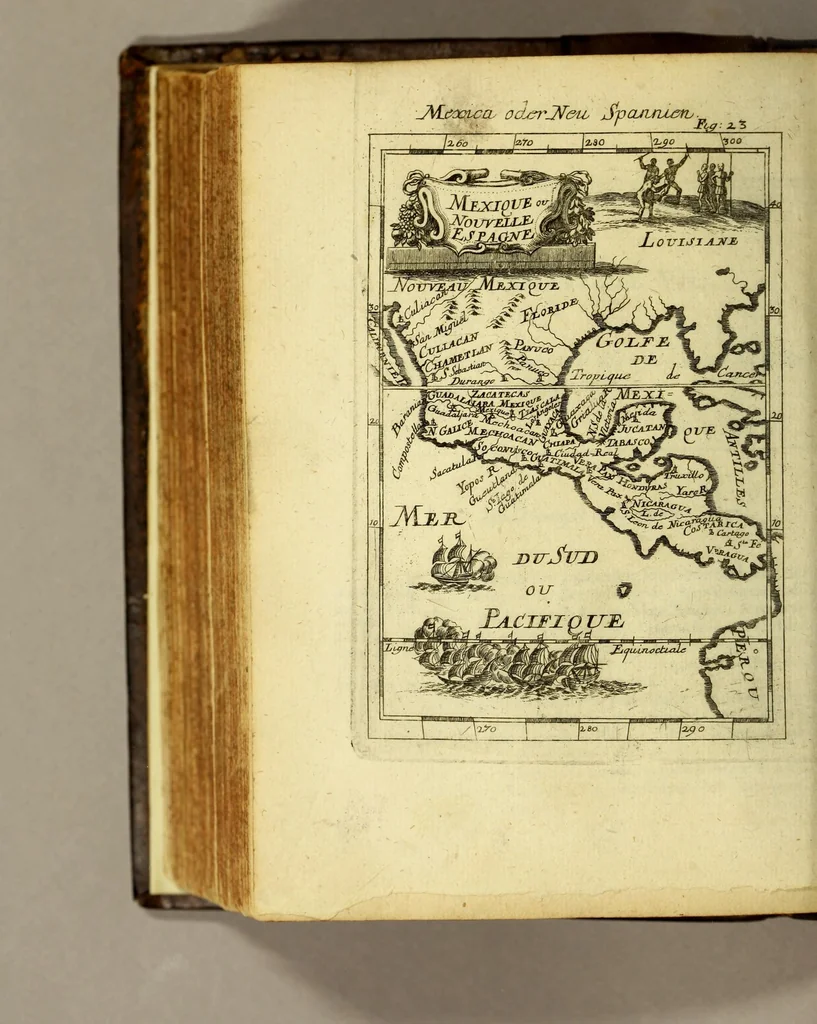 An illustration from Description de l'univers, : contenant les differents systemes du monde, les cartes generales & particulieres de la geographie ancienne & moderne : les plans & les profils des principales villes & des autres lieux plus considerables de la terre; avec les portraits des souverains qui y commandent, leurs blasons, titres & livrées : et les mœurs, religions, gouvernemens & divers habillemens de chaque nation. Dediée au roy., 1685, leaf 418
