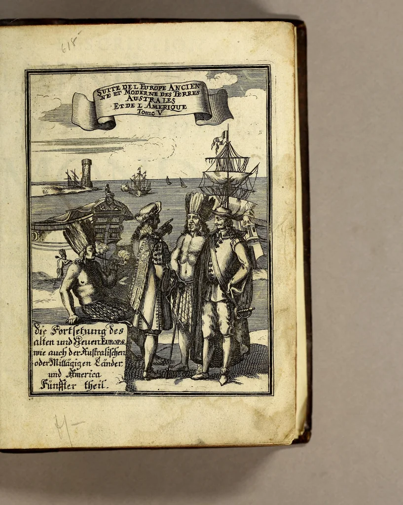 An illustration from Description de l'univers, : contenant les differents systemes du monde, les cartes generales & particulieres de la geographie ancienne & moderne : les plans & les profils des principales villes & des autres lieux plus considerables de la terre; avec les portraits des souverains qui y commandent, leurs blasons, titres & livrées : et les mœurs, religions, gouvernemens & divers habillemens de chaque nation. Dediée au roy., 1685, leaf 5