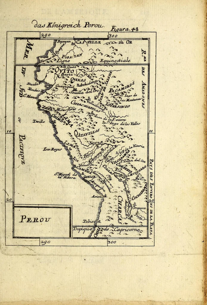 An illustration from Description de l'univers, : contenant les differents systemes du monde, les cartes generales & particulieres de la geographie ancienne & moderne : les plans & les profils des principales villes & des autres lieux plus considerables de la terre; avec les portraits des souverains qui y commandent, leurs blasons, titres & livrées : et les mœurs, religions, gouvernemens & divers habillemens de chaque nation. Dediée au roy., 1685, leaf 507