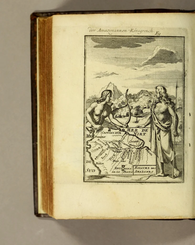 An illustration from Description de l'univers, : contenant les differents systemes du monde, les cartes generales & particulieres de la geographie ancienne & moderne : les plans & les profils des principales villes & des autres lieux plus considerables de la terre; avec les portraits des souverains qui y commandent, leurs blasons, titres & livrées : et les mœurs, religions, gouvernemens & divers habillemens de chaque nation. Dediée au roy., 1685, leaf 530