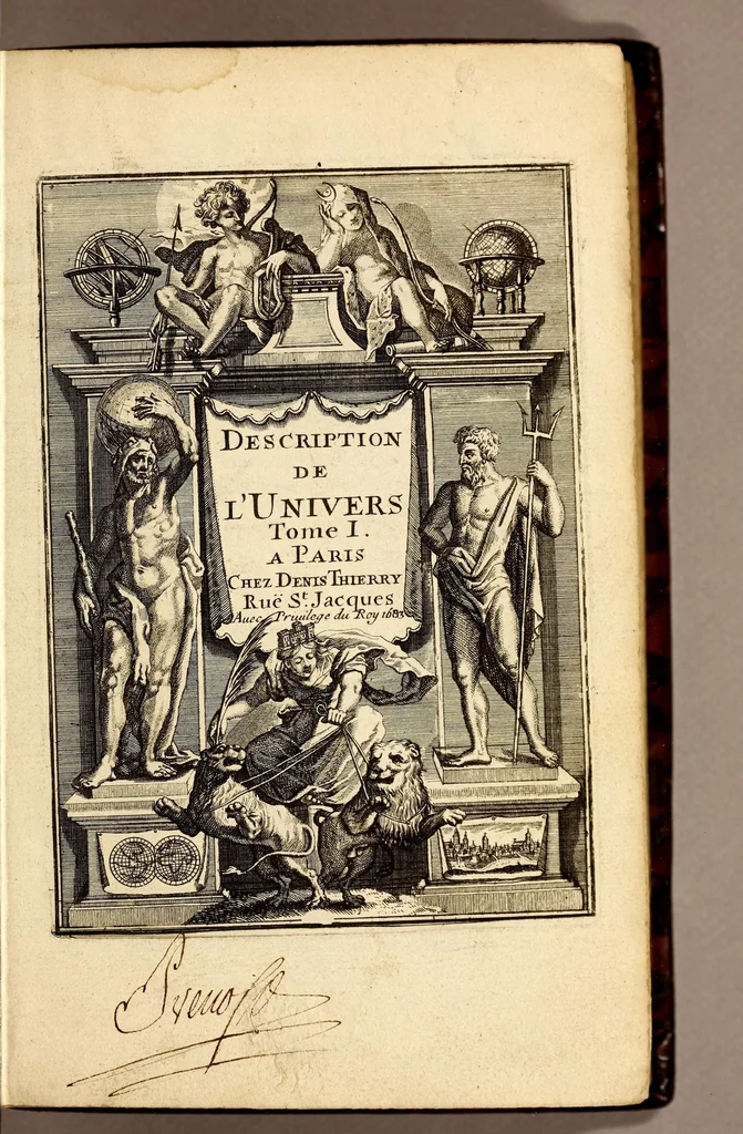 An illustration from Description de l'univers, : contenant les differents systêmes du monde, les cartes generales & particulieres de la geographie ancienne & moderne : les plans & les profils des principales villes & des autres lieux plus considerables de la terre ; avec les portraits des souverains qui y commandent, leurs blasons, titres & livrées : et les mœurs, religions, gouvernemens & divers habillemens de chaque nation. Dediee au roy., 1683, leaf 9