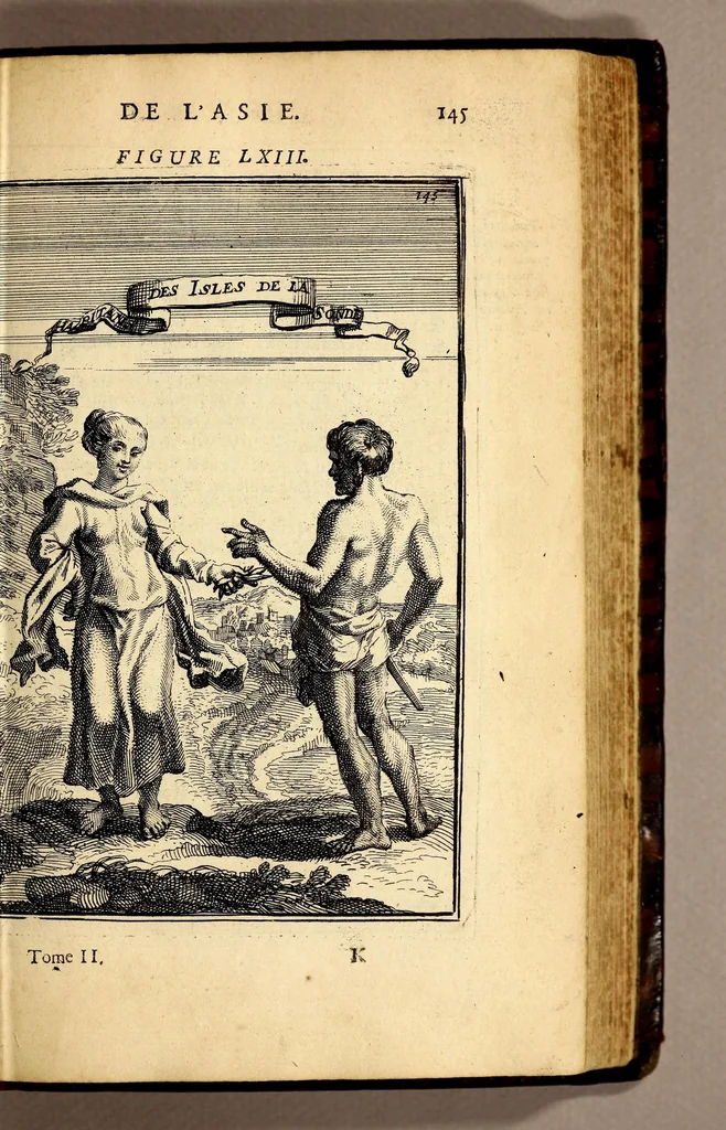 An illustration from Description de l'univers, : contenant les differents systêmes du monde, les cartes generales & particulieres de la geographie ancienne & moderne : les plans & les profils des principales villes & des autres lieux plus considerables de la terre ; avec les portraits des souverains qui y commandent, leurs blasons, titres & livrées : et les mœurs, religions, gouvernemens & divers habillemens de chaque nation. Dediee au roy., 1683, leaf 161