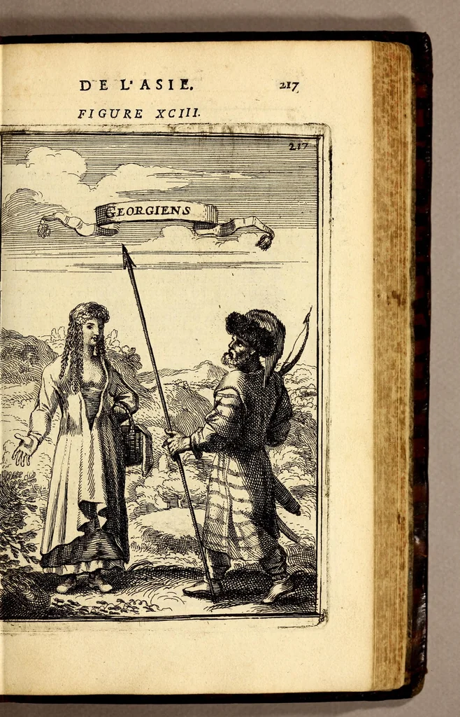 An illustration from Description de l'univers, : contenant les differents systêmes du monde, les cartes generales & particulieres de la geographie ancienne & moderne : les plans & les profils des principales villes & des autres lieux plus considerables de la terre ; avec les portraits des souverains qui y commandent, leurs blasons, titres & livrées : et les mœurs, religions, gouvernemens & divers habillemens de chaque nation. Dediee au roy., 1683, leaf 233