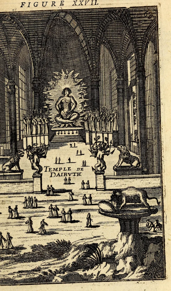 An illustration from Description de l'univers, : contenant les differents systêmes du monde, les cartes generales & particulieres de la geographie ancienne & moderne : les plans & les profils des principales villes & des autres lieux plus considerables de la terre ; avec les portraits des souverains qui y commandent, leurs blasons, titres & livrées : et les mœurs, religions, gouvernemens & divers habillemens de chaque nation. Dediee au roy., 1683, leaf 79