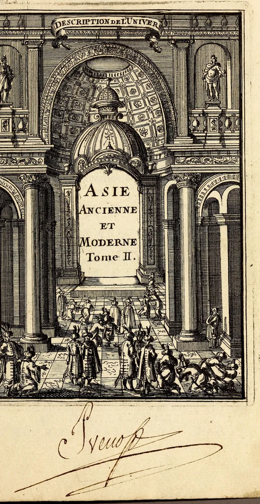 An illustration from Description de l'univers, : contenant les differents systêmes du monde, les cartes generales & particulieres de la geographie ancienne & moderne : les plans & les profils des principales villes & des autres lieux plus considerables de la terre ; avec les portraits des souverains qui y commandent, leurs blasons, titres & livrées : et les mœurs, religions, gouvernemens & divers habillemens de chaque nation. Dediee au roy., 1683, leaf 9