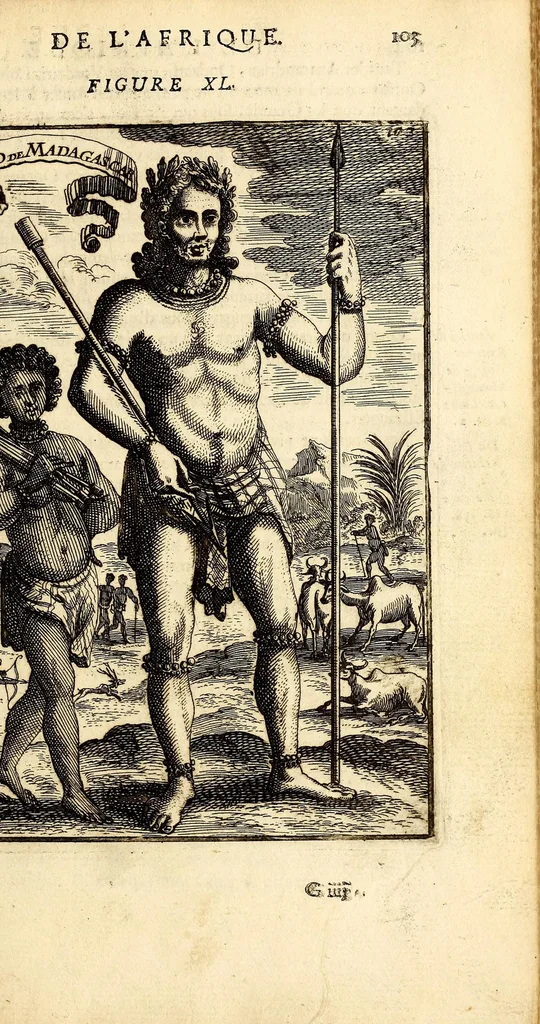 An illustration from Description de l'univers, : contenant les differents systêmes du monde, les cartes generales & particulieres de la geographie ancienne & moderne : les plans & les profils des principales villes & des autres lieux plus considerables de la terre ; avec les portraits des souverains qui y commandent, leurs blasons, titres & livrées : et les mœurs, religions, gouvernemens & divers habillemens de chaque nation. Dediee au roy., 1683, leaf 119