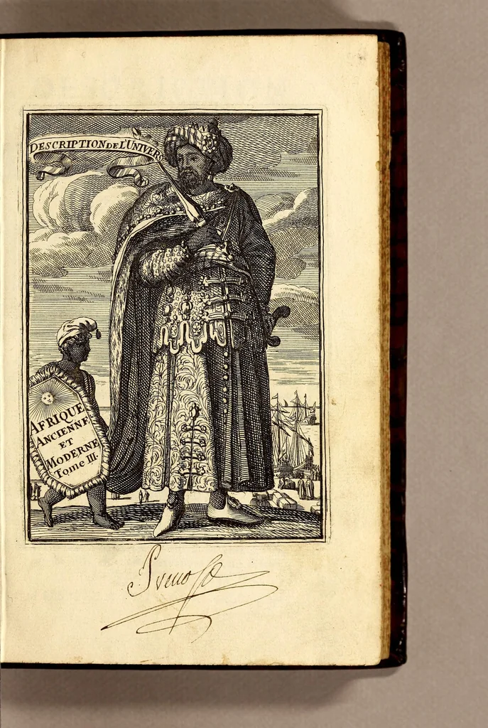 An illustration from Description de l'univers, : contenant les differents systêmes du monde, les cartes generales & particulieres de la geographie ancienne & moderne : les plans & les profils des principales villes & des autres lieux plus considerables de la terre ; avec les portraits des souverains qui y commandent, leurs blasons, titres & livrées : et les mœurs, religions, gouvernemens & divers habillemens de chaque nation. Dediee au roy., 1683, leaf 9