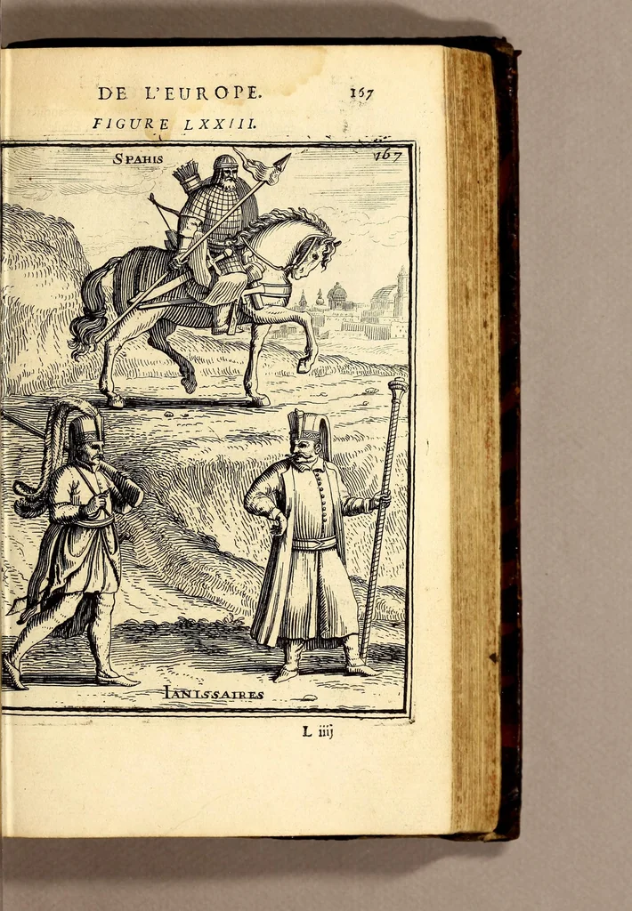 An illustration from Description de l'univers, : contenant les differents systêmes du monde, les cartes generales & particulieres de la geographie ancienne & moderne : les plans & les profils des principales villes & des autres lieux plus considerables de la terre ; avec les portraits des souverains qui y commandent, leurs blasons, titres & livrées : et les mœurs, religions, gouvernemens & divers habillemens de chaque nation. Dediee au roy., 1683, leaf 185