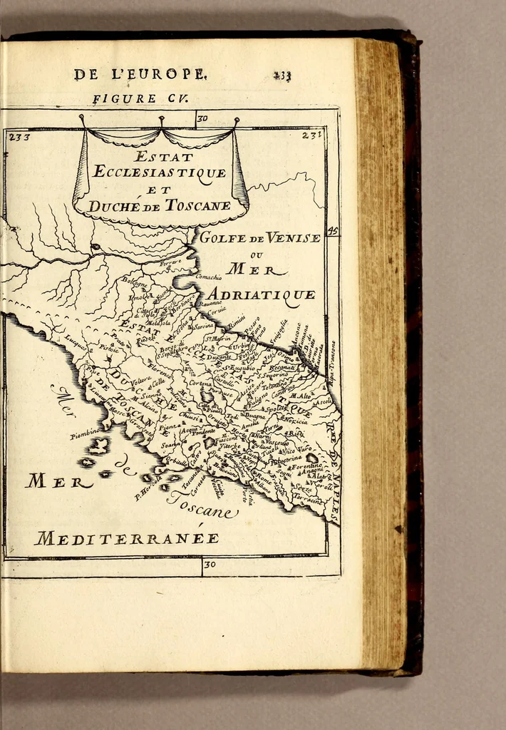 An illustration from Description de l'univers, : contenant les differents systêmes du monde, les cartes generales & particulieres de la geographie ancienne & moderne : les plans & les profils des principales villes & des autres lieux plus considerables de la terre ; avec les portraits des souverains qui y commandent, leurs blasons, titres & livrées : et les mœurs, religions, gouvernemens & divers habillemens de chaque nation. Dediee au roy., 1683, leaf 251
