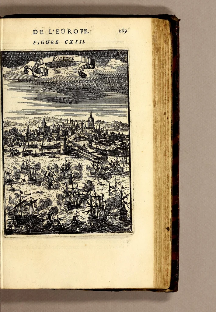 An illustration from Description de l'univers, : contenant les differents systêmes du monde, les cartes generales & particulieres de la geographie ancienne & moderne : les plans & les profils des principales villes & des autres lieux plus considerables de la terre ; avec les portraits des souverains qui y commandent, leurs blasons, titres & livrées : et les mœurs, religions, gouvernemens & divers habillemens de chaque nation. Dediee au roy., 1683, leaf 287