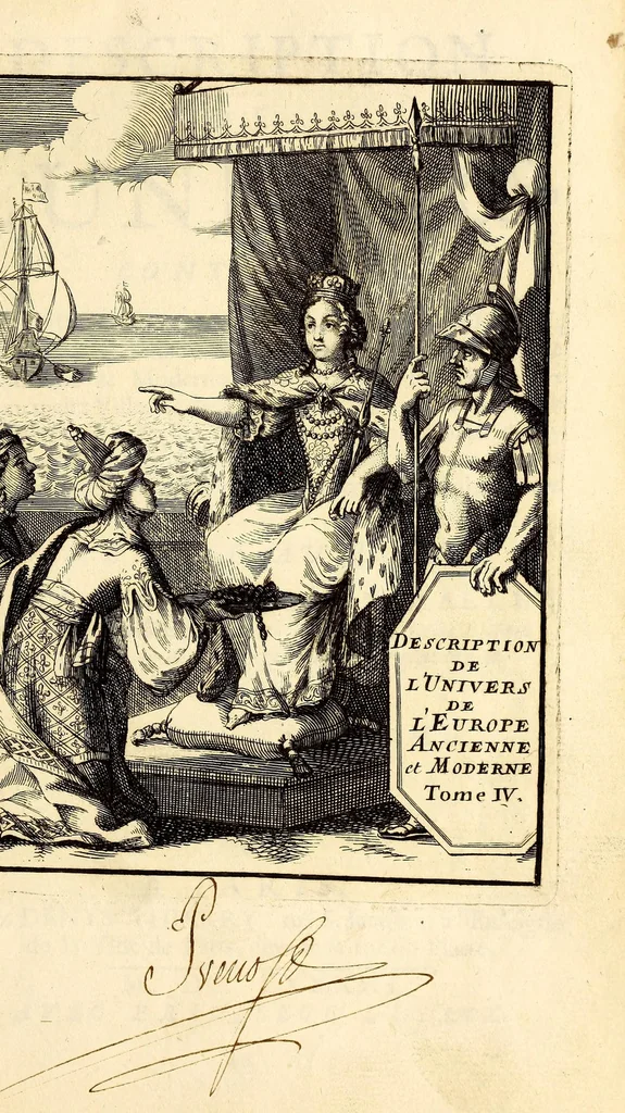 An illustration from Description de l'univers, : contenant les differents systêmes du monde, les cartes generales & particulieres de la geographie ancienne & moderne : les plans & les profils des principales villes & des autres lieux plus considerables de la terre ; avec les portraits des souverains qui y commandent, leurs blasons, titres & livrées : et les mœurs, religions, gouvernemens & divers habillemens de chaque nation. Dediee au roy., 1683, leaf 9