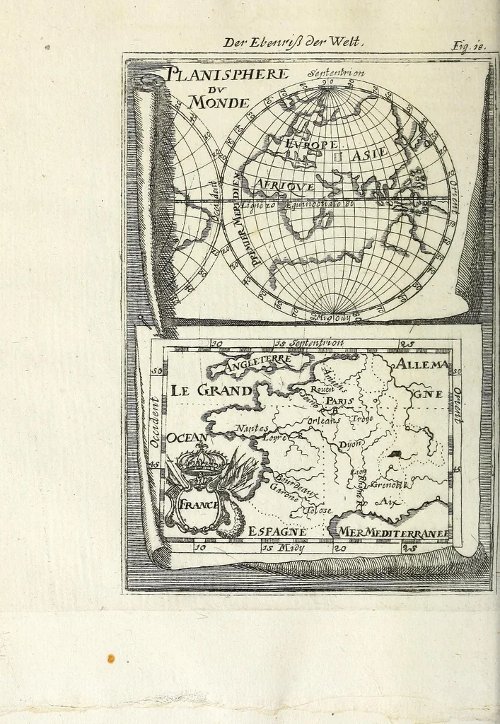 An illustration from Description de l'univers : contenant les differents systemes du monde, les cartes generales & particulieres de la geographie ancienne & moderne, les plans & les profils des principales villes & des autres lieux plus considerables de la Terre : avec les portraits des souverains qui y commandent, leurs blasons, titres & livrées : et les moeurs, religions, gouvernemens & divers habillemens de chaque nation, 1685, leaf 96