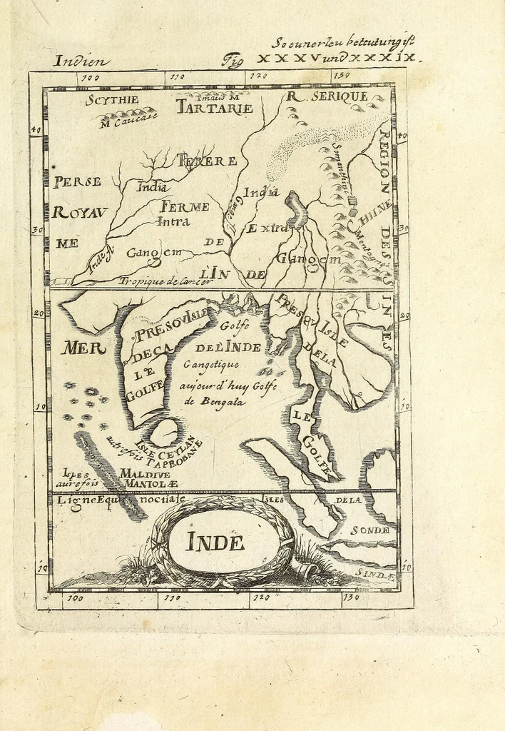 An illustration from Description de l'univers : contenant les differents systemes du monde, les cartes generales & particulieres de la geographie ancienne & moderne, les plans & les profils des principales villes & des autres lieux plus considerables de la Terre : avec les portraits des souverains qui y commandent, leurs blasons, titres & livrées : et les moeurs, religions, gouvernemens & divers habillemens de chaque nation, 1685, leaf 119