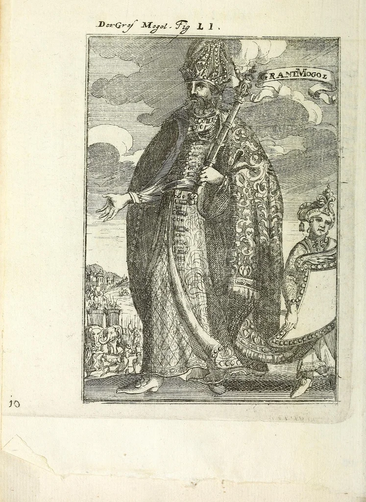 An illustration from Description de l'univers : contenant les differents systemes du monde, les cartes generales & particulieres de la geographie ancienne & moderne, les plans & les profils des principales villes & des autres lieux plus considerables de la Terre : avec les portraits des souverains qui y commandent, leurs blasons, titres & livrées : et les moeurs, religions, gouvernemens & divers habillemens de chaque nation, 1685, leaf 162