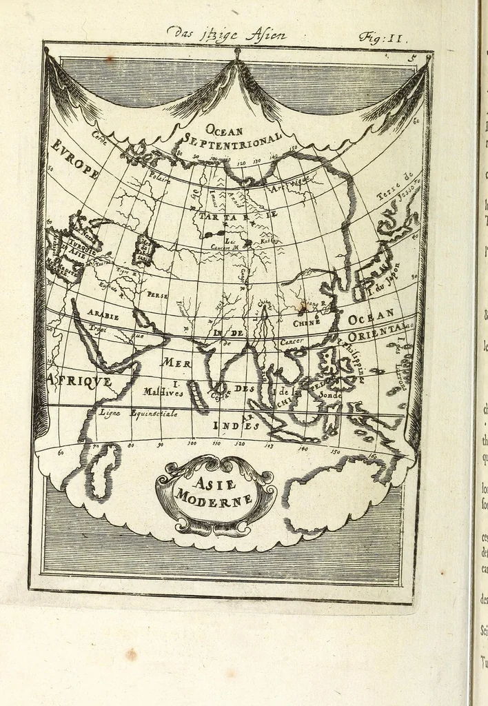 An illustration from Description de l'univers : contenant les differents systemes du monde, les cartes generales & particulieres de la geographie ancienne & moderne, les plans & les profils des principales villes & des autres lieux plus considerables de la Terre : avec les portraits des souverains qui y commandent, leurs blasons, titres & livrées : et les moeurs, religions, gouvernemens & divers habillemens de chaque nation, 1685, leaf 18