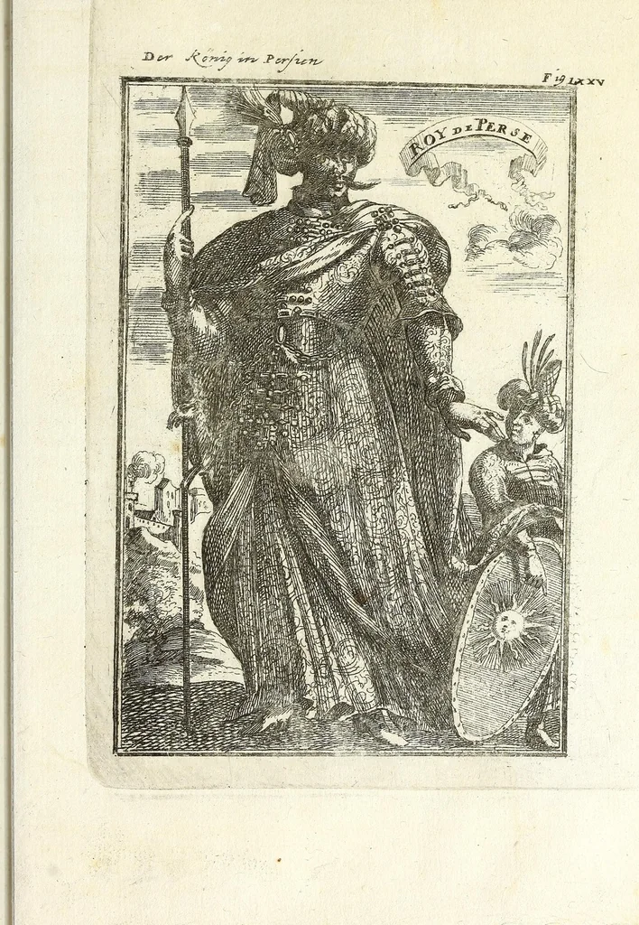 An illustration from Description de l'univers : contenant les differents systemes du monde, les cartes generales & particulieres de la geographie ancienne & moderne, les plans & les profils des principales villes & des autres lieux plus considerables de la Terre : avec les portraits des souverains qui y commandent, leurs blasons, titres & livrées : et les moeurs, religions, gouvernemens & divers habillemens de chaque nation, 1685, leaf 237
