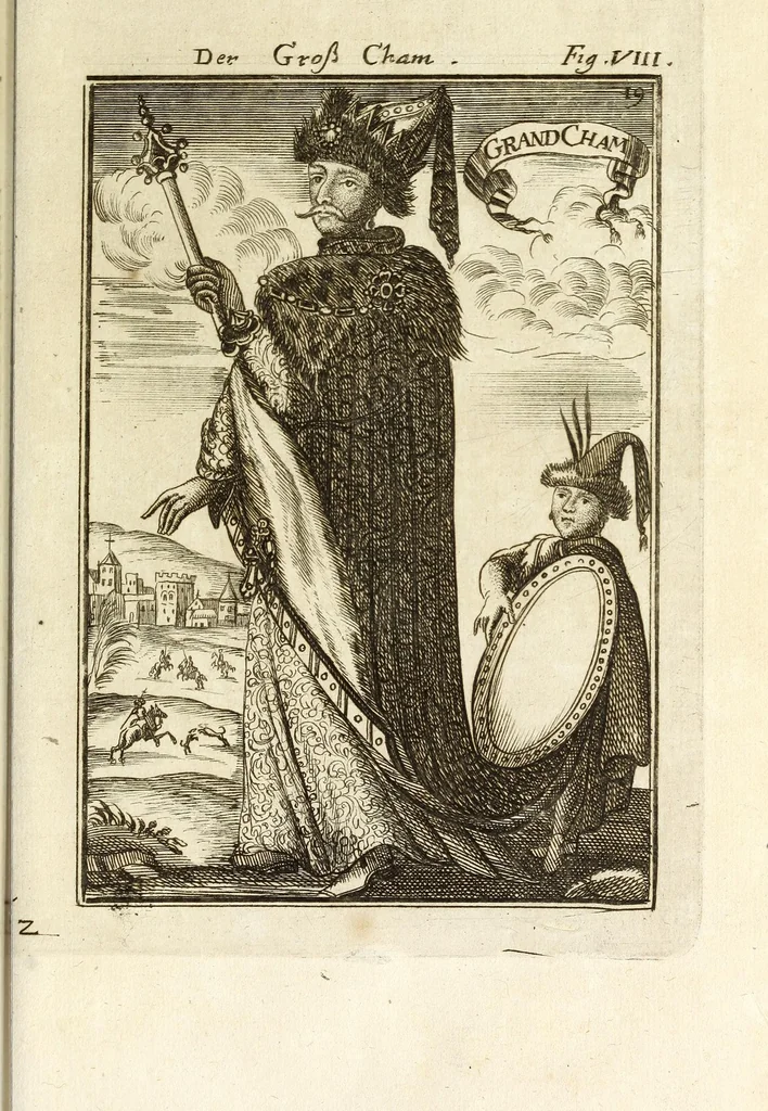 An illustration from Description de l'univers : contenant les differents systemes du monde, les cartes generales & particulieres de la geographie ancienne & moderne, les plans & les profils des principales villes & des autres lieux plus considerables de la Terre : avec les portraits des souverains qui y commandent, leurs blasons, titres & livrées : et les moeurs, religions, gouvernemens & divers habillemens de chaque nation, 1685, leaf 35